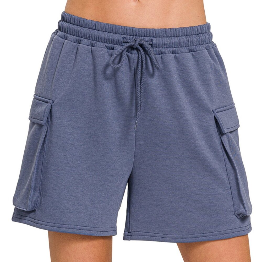 Zenana Scuba Pocket Drawstring Shorts, Indigo Blue
